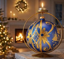 Blå julekugler dekorationsinspiration: stor 15 cm glaskugle i skål med grankviste og stearinlys